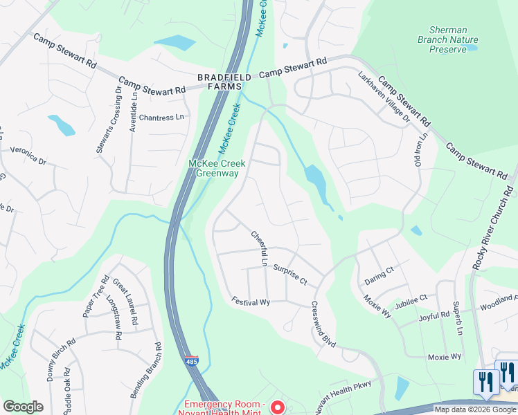 map of restaurants, bars, coffee shops, grocery stores, and more near 4001 Woodland View Drive in Charlotte
