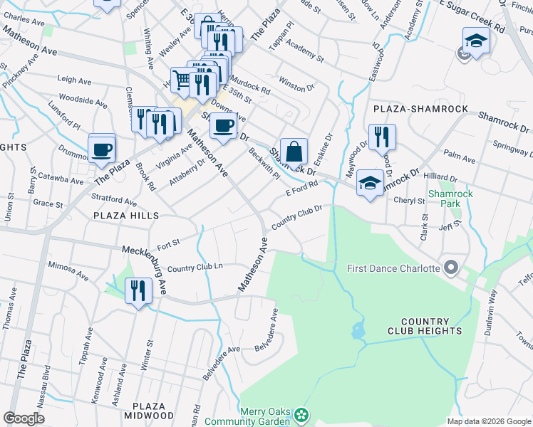 map of restaurants, bars, coffee shops, grocery stores, and more near in Charlotte