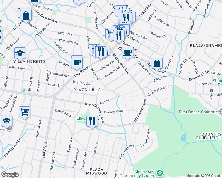 map of restaurants, bars, coffee shops, grocery stores, and more near in Charlotte