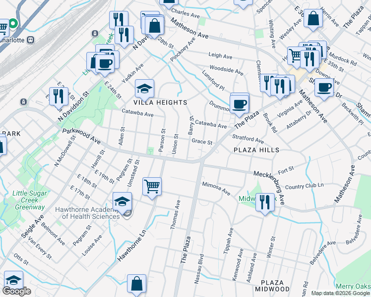map of restaurants, bars, coffee shops, grocery stores, and more near in Charlotte