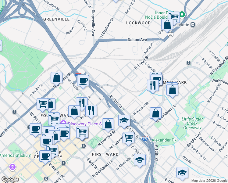 map of restaurants, bars, coffee shops, grocery stores, and more near 900 North Tryon Street in Charlotte