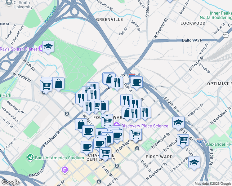 map of restaurants, bars, coffee shops, grocery stores, and more near in Charlotte