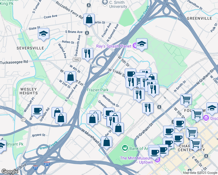 map of restaurants, bars, coffee shops, grocery stores, and more near 208 South Irwin Avenue in Charlotte