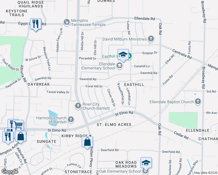 map of restaurants, bars, coffee shops, grocery stores, and more near 6887 Coral Hill Drive in Memphis