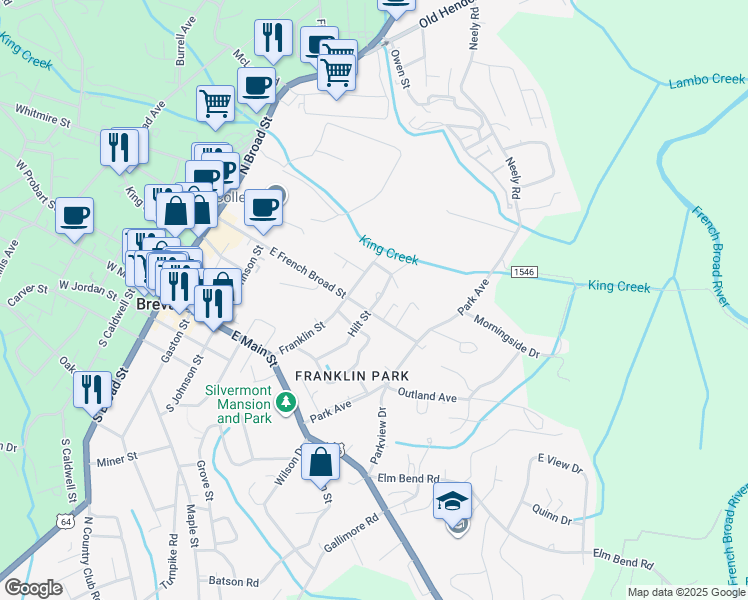 map of restaurants, bars, coffee shops, grocery stores, and more near 213 Hilt Street in Brevard