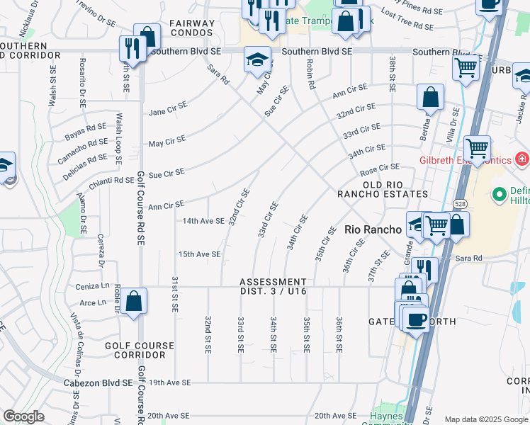 map of restaurants, bars, coffee shops, grocery stores, and more near 1453 33rd Circle Southeast in Rio Rancho