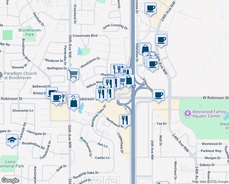 map of restaurants, bars, coffee shops, grocery stores, and more near 1264 North Interstate Drive in Norman