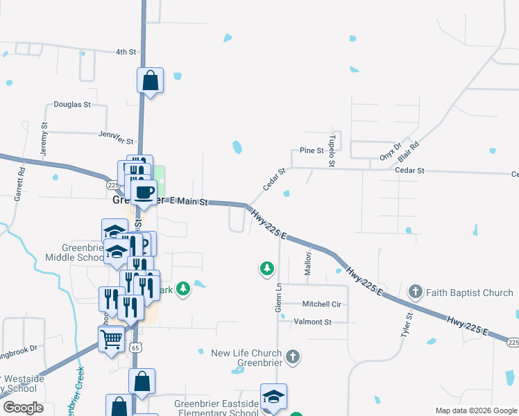 map of restaurants, bars, coffee shops, grocery stores, and more near 40 East Main Street in Greenbrier