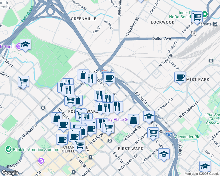 map of restaurants, bars, coffee shops, grocery stores, and more near in Charlotte