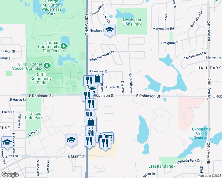 map of restaurants, bars, coffee shops, grocery stores, and more near 1410 Huron Street in Norman