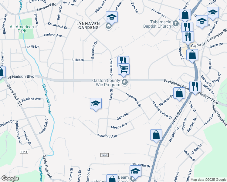 map of restaurants, bars, coffee shops, grocery stores, and more near 2072 Lyon Street in Gastonia
