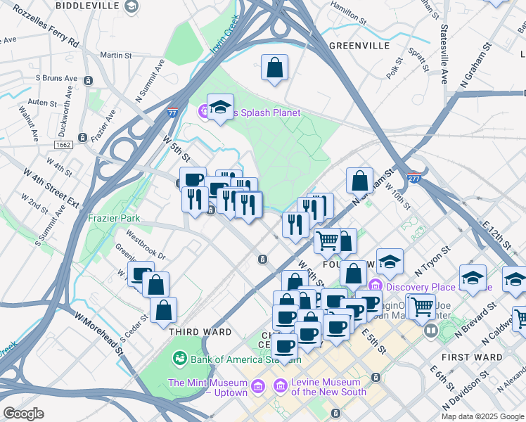 map of restaurants, bars, coffee shops, grocery stores, and more near West 6th Street in Charlotte
