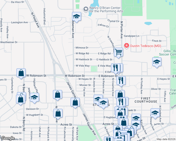 map of restaurants, bars, coffee shops, grocery stores, and more near 111 West Dale Street in Norman