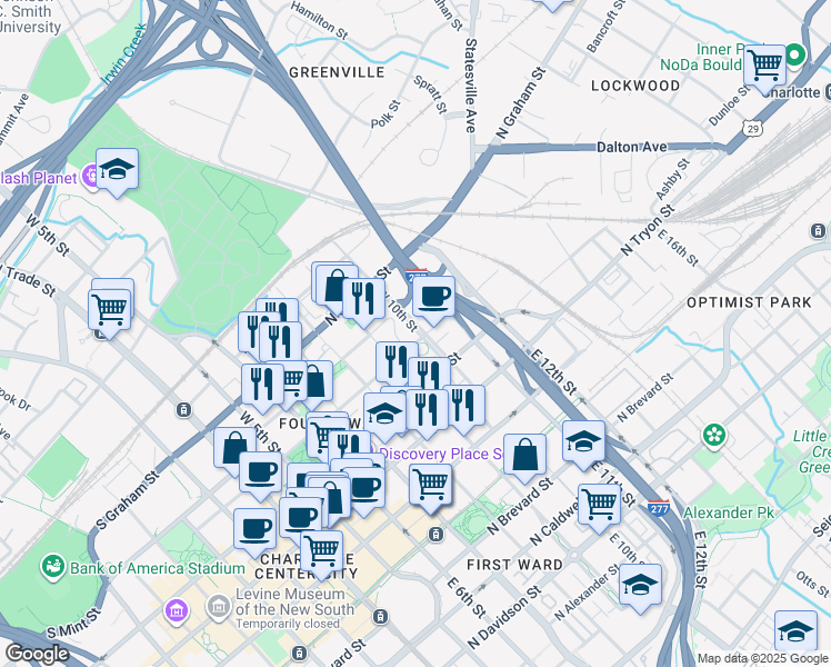map of restaurants, bars, coffee shops, grocery stores, and more near 311 Settlers Lane in Charlotte