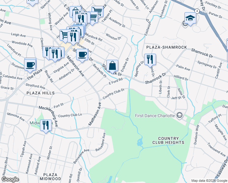 map of restaurants, bars, coffee shops, grocery stores, and more near 3117 Country Club Drive in Charlotte