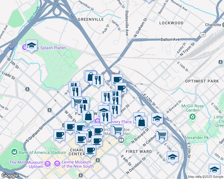 map of restaurants, bars, coffee shops, grocery stores, and more near 301 West 10th Street in Charlotte
