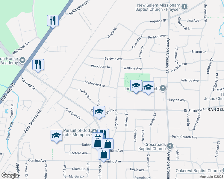 map of restaurants, bars, coffee shops, grocery stores, and more near 1867 Macaulay Avenue in Memphis