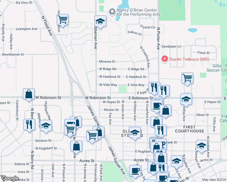 map of restaurants, bars, coffee shops, grocery stores, and more near 111 West Dale Street in Norman