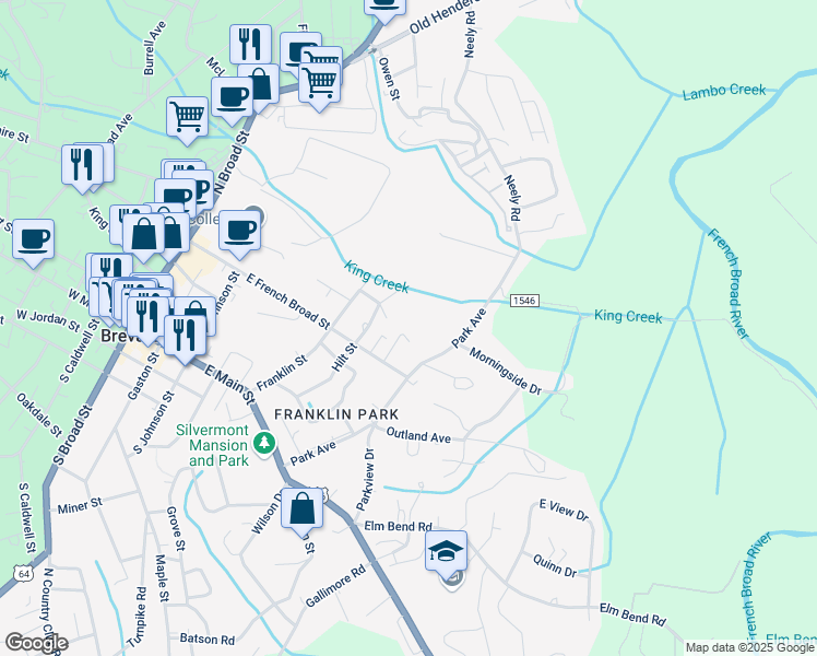 map of restaurants, bars, coffee shops, grocery stores, and more near 73 Woodlawn Avenue in Brevard