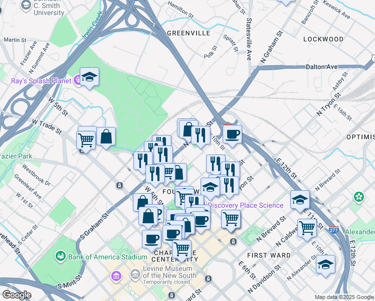 map of restaurants, bars, coffee shops, grocery stores, and more near 428 West 8th Street in Charlotte