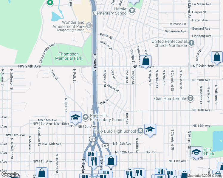 map of restaurants, bars, coffee shops, grocery stores, and more near 1811 Oak Dr in Amarillo