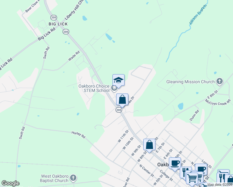 map of restaurants, bars, coffee shops, grocery stores, and more near 1244 North Main Street in Oakboro