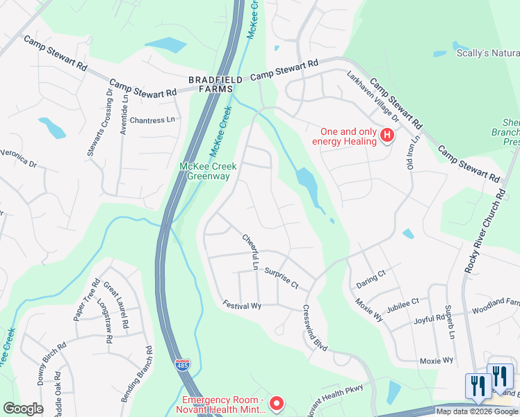 map of restaurants, bars, coffee shops, grocery stores, and more near 4001 Woodland View Drive in Charlotte