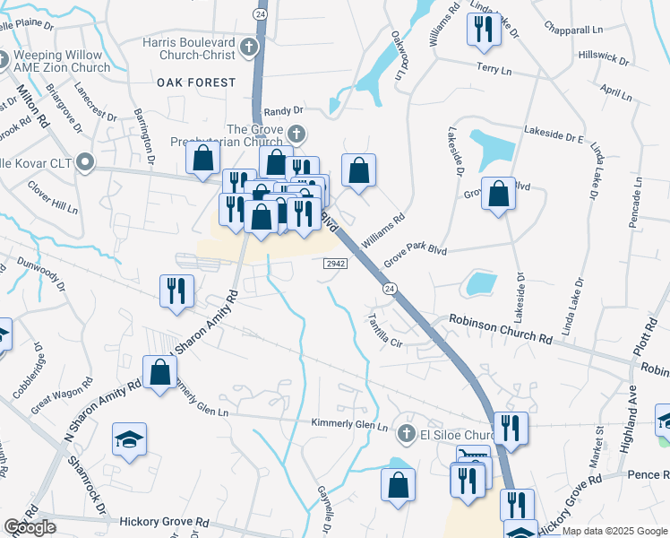map of restaurants, bars, coffee shops, grocery stores, and more near 6013 Williams Road in Charlotte