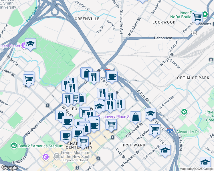 map of restaurants, bars, coffee shops, grocery stores, and more near in Charlotte