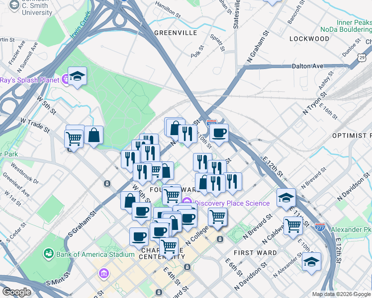 map of restaurants, bars, coffee shops, grocery stores, and more near in Charlotte