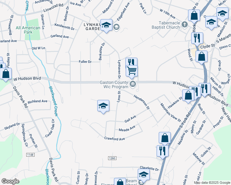 map of restaurants, bars, coffee shops, grocery stores, and more near 2072 Lyon Street in Gastonia