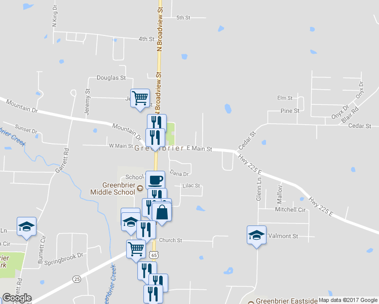 map of restaurants, bars, coffee shops, grocery stores, and more near 15 East Main Street in Greenbrier