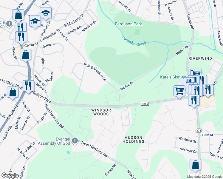 map of restaurants, bars, coffee shops, grocery stores, and more near 2209 Hudson Landings Drive in Gastonia