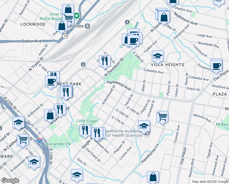 map of restaurants, bars, coffee shops, grocery stores, and more near 820 East 20th Street in Charlotte