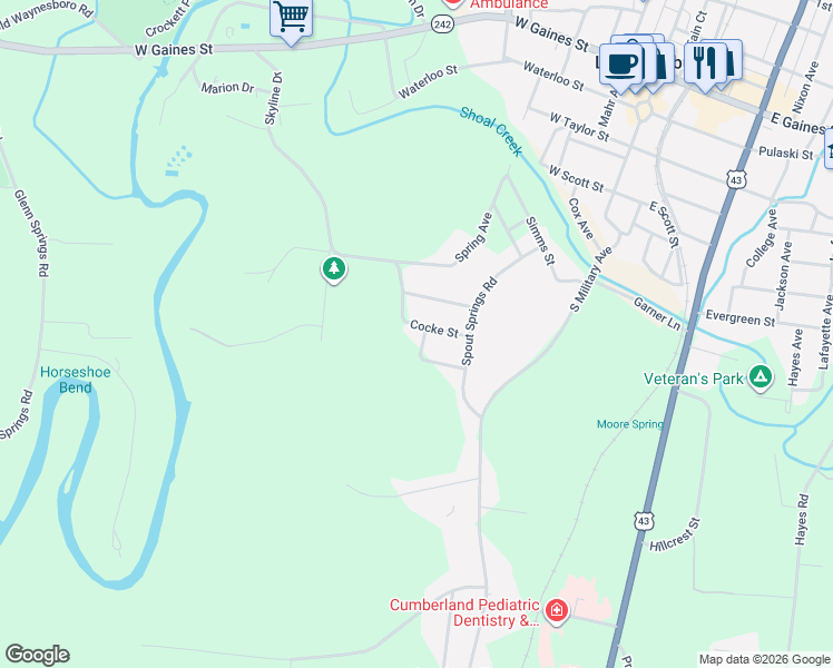 map of restaurants, bars, coffee shops, grocery stores, and more near 285 Cocke Street in Lawrenceburg