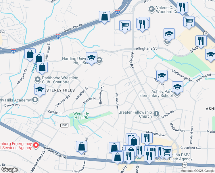 map of restaurants, bars, coffee shops, grocery stores, and more near 3848 Whitehall Drive in Charlotte
