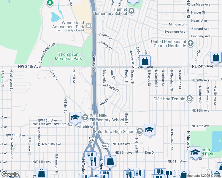 map of restaurants, bars, coffee shops, grocery stores, and more near 1811 Oak Dr in Amarillo