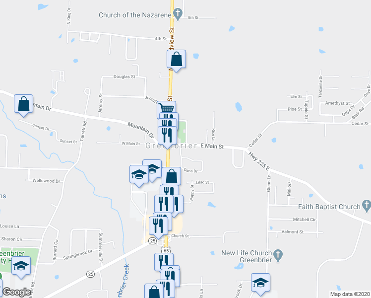 map of restaurants, bars, coffee shops, grocery stores, and more near 7 East Main Street in Greenbrier