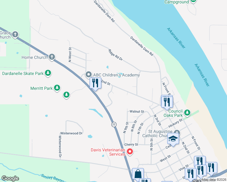map of restaurants, bars, coffee shops, grocery stores, and more near 108 Gabriel Circle in Dardanelle