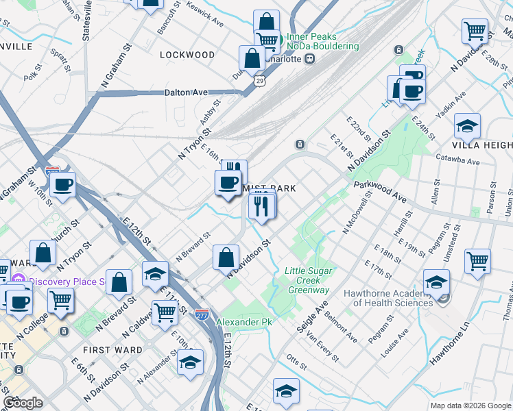 map of restaurants, bars, coffee shops, grocery stores, and more near in Charlotte