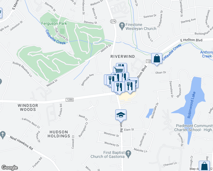 map of restaurants, bars, coffee shops, grocery stores, and more near 2109 Union Road in Gastonia