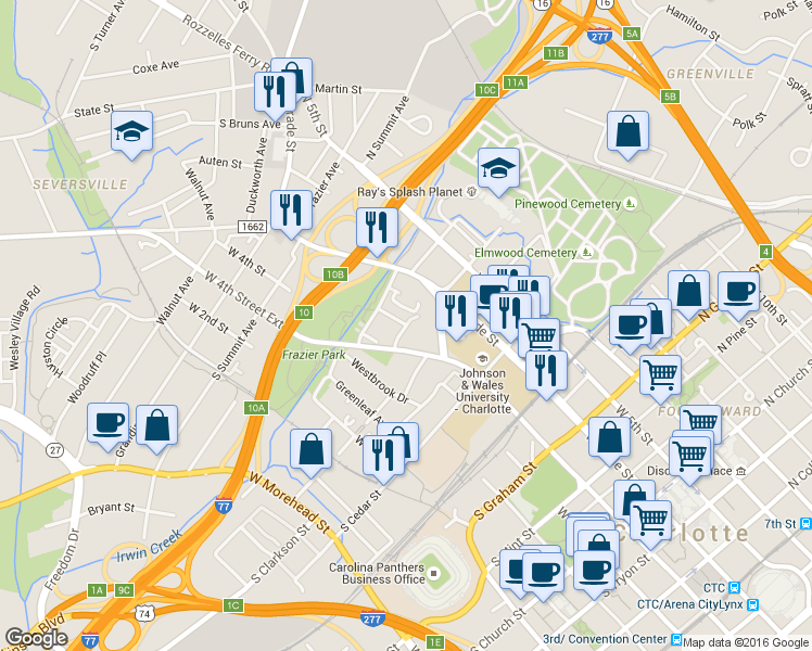 map of restaurants, bars, coffee shops, grocery stores, and more near West 4th Street & South Irwin Avenue in Charlotte