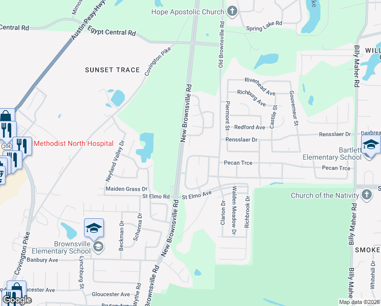 map of restaurants, bars, coffee shops, grocery stores, and more near 5545 Oak Branch Circle North in Memphis