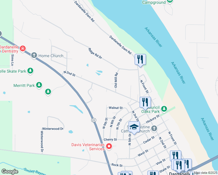 map of restaurants, bars, coffee shops, grocery stores, and more near 101 Old Mill Road in Dardanelle
