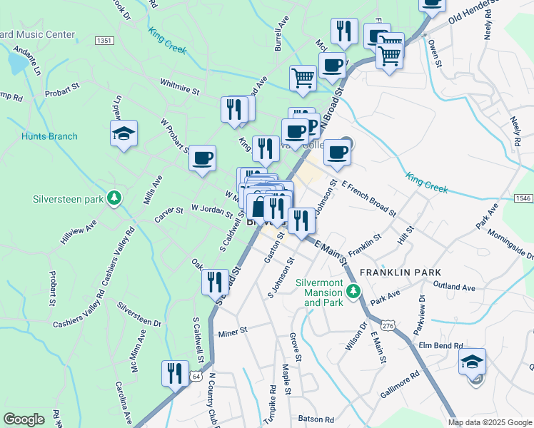 map of restaurants, bars, coffee shops, grocery stores, and more near 2 West Main Street in Brevard