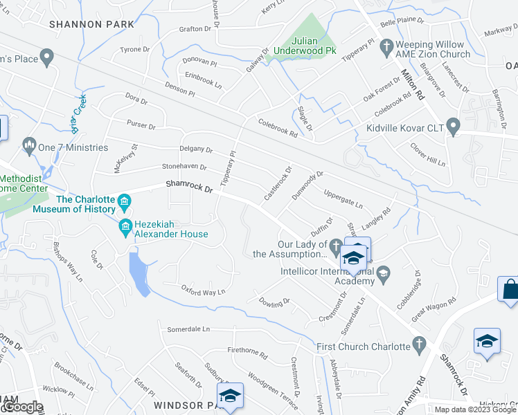 map of restaurants, bars, coffee shops, grocery stores, and more near 3900 Shamrock Drive in Charlotte