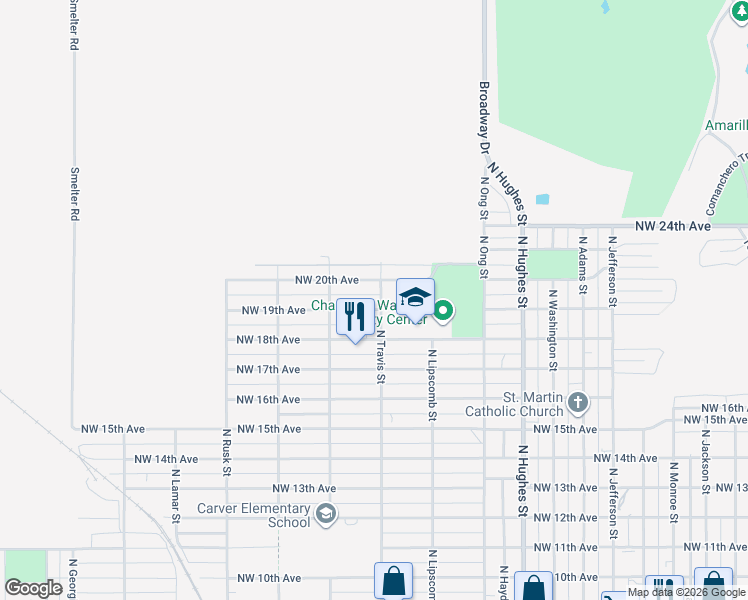 map of restaurants, bars, coffee shops, grocery stores, and more near 1800 North Travis Street in Amarillo
