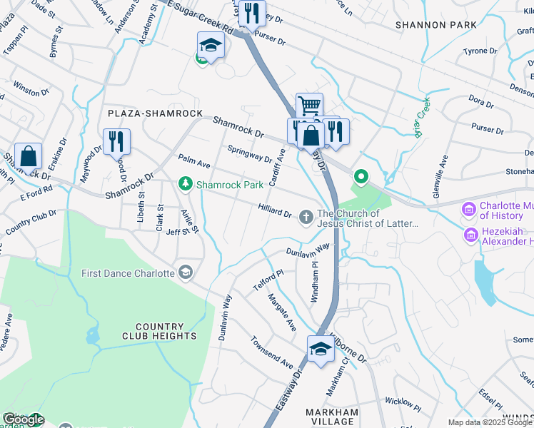 map of restaurants, bars, coffee shops, grocery stores, and more near 2918 Hilliard Drive in Charlotte
