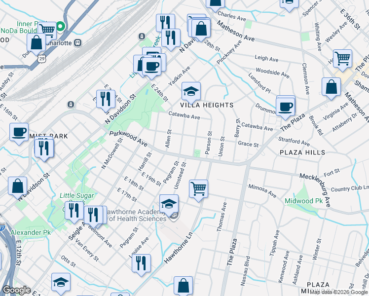 map of restaurants, bars, coffee shops, grocery stores, and more near 1117 Parkwood Avenue in Charlotte