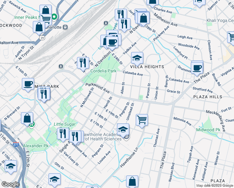 map of restaurants, bars, coffee shops, grocery stores, and more near 1016 Parkwood Avenue in Charlotte
